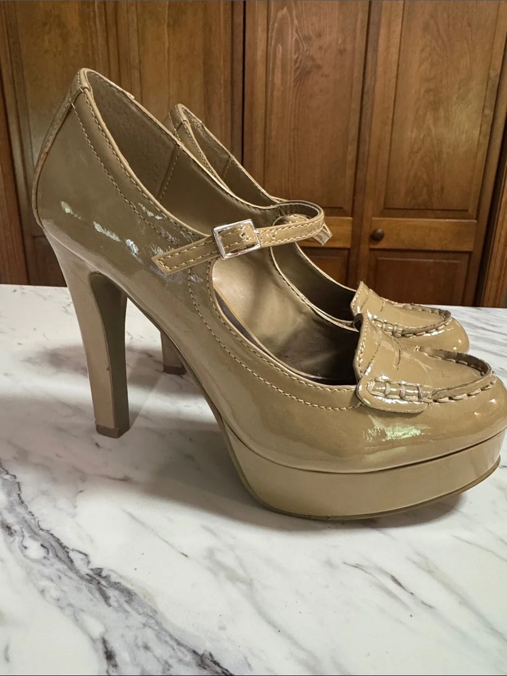LC Lauren Conrad Patent Mary Jane Platform Heels in Tan